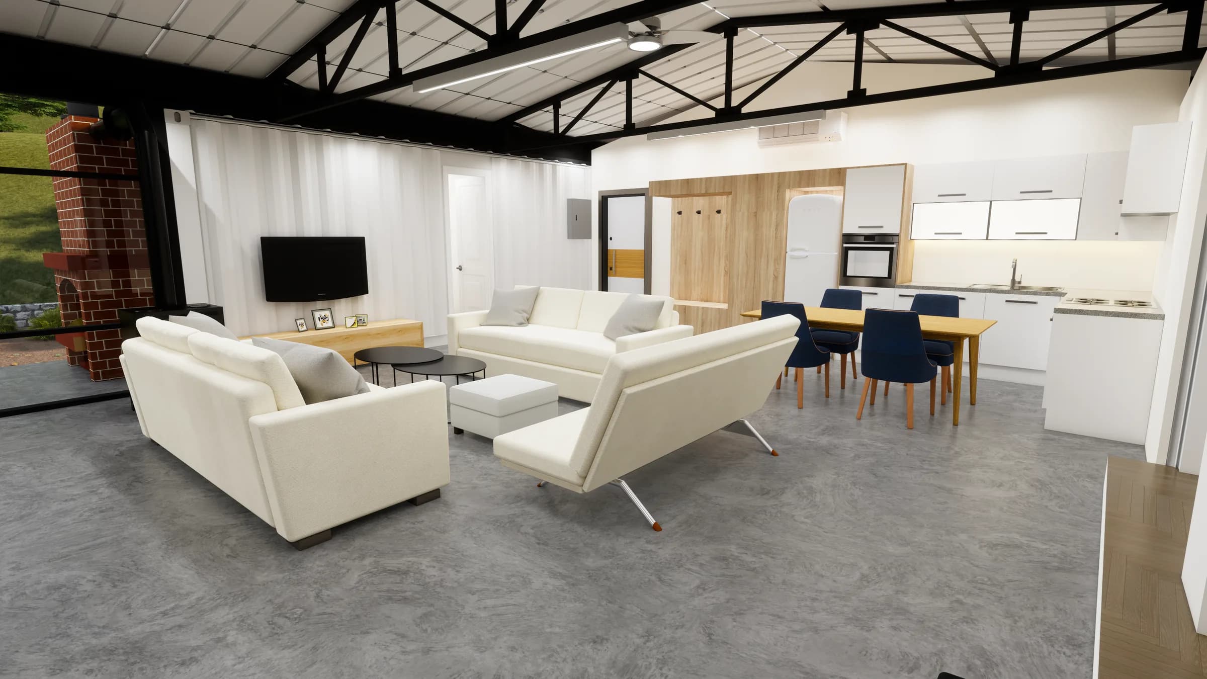 3D-visualisatie van de woonkamer en open keuken