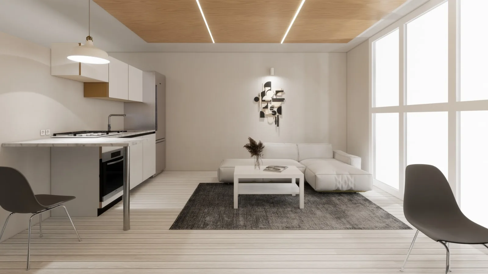 3D-visualisatie van de woonkamer en keuken
